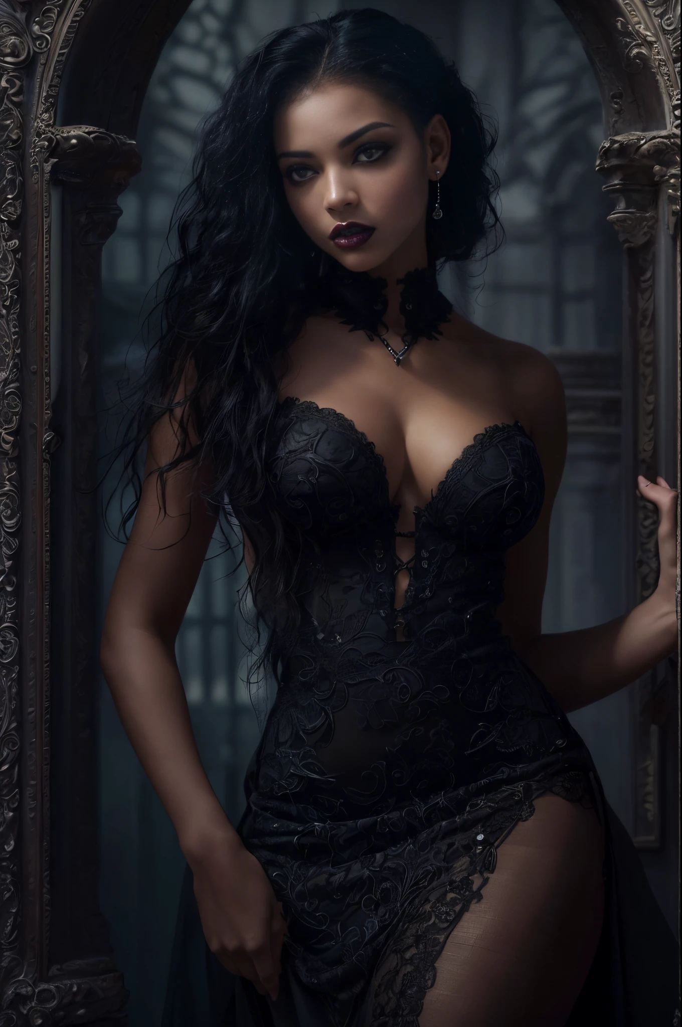 (best quality, 4k, 8k, highres, masterpiece:1.2), ultra-detailed, (realistic,photorealistic,photo-realistic:1.37), gorgeous light skin black woman, vampire, seductive gaze, elegant posture, gothic background, sensual beauty, gothic fashion, black gothic mini gown, pantyhose, dark colors, moody lighting, full body pose