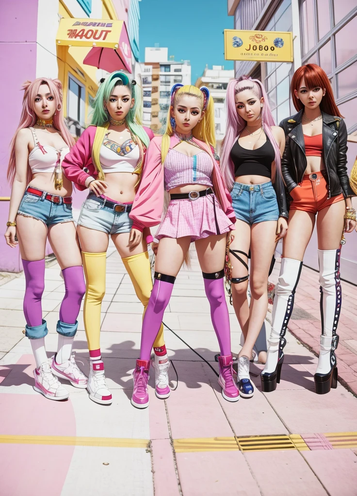 Hay muchas chicas juntas en la calle., Estilo anime ecchi, Estilo ecchi, in the art style of 8 0 s anime, Estilo anime de los 90, 9 0 s estilo anime, 8 0 s estilo anime, 9 0 s estilo de arte anime, Chicas de anime, 8 0 s estilo de arte anime, Estilo anime Jojo