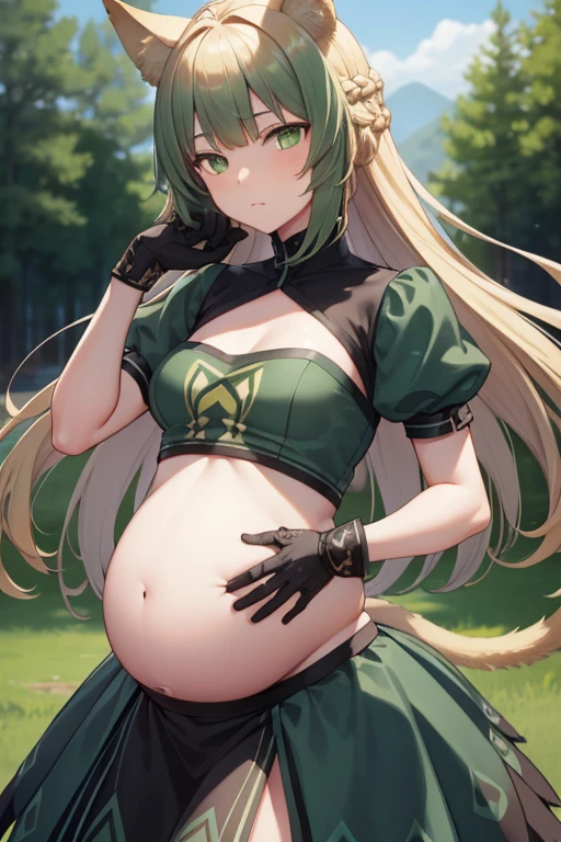 atalanta, atalanta, animal ears, blonde hair, cat ears, cat girl, cat tail, (green eyes:1.5), green hair, hair between eyes, long hair, multicolored hair, tail, (small breast:1.2),
BREAK black gloves, gloves, skirt, dress, green dress, short sleeves, puffy sleeves, juliet sleeves, short skirt, green skirt,
BREAK looking at viewer, sonrojo, avergonsada, close eyes
BREAK outdoors,
BREAK (masterpiece:1.2), best quality, high resolution, unity 8k wallpaper, (illustration:0.8), (beautiful detailed eyes:1.6), extremely detailed face, perfect lighting, extremely detailed CG, (perfect hands, perfect anatomy),  large belly, vore, (vore:1.3), (barriga perfecta), (big belly:1.9), (pregnant:1.3), (vore belly), (vore belly:1.3)