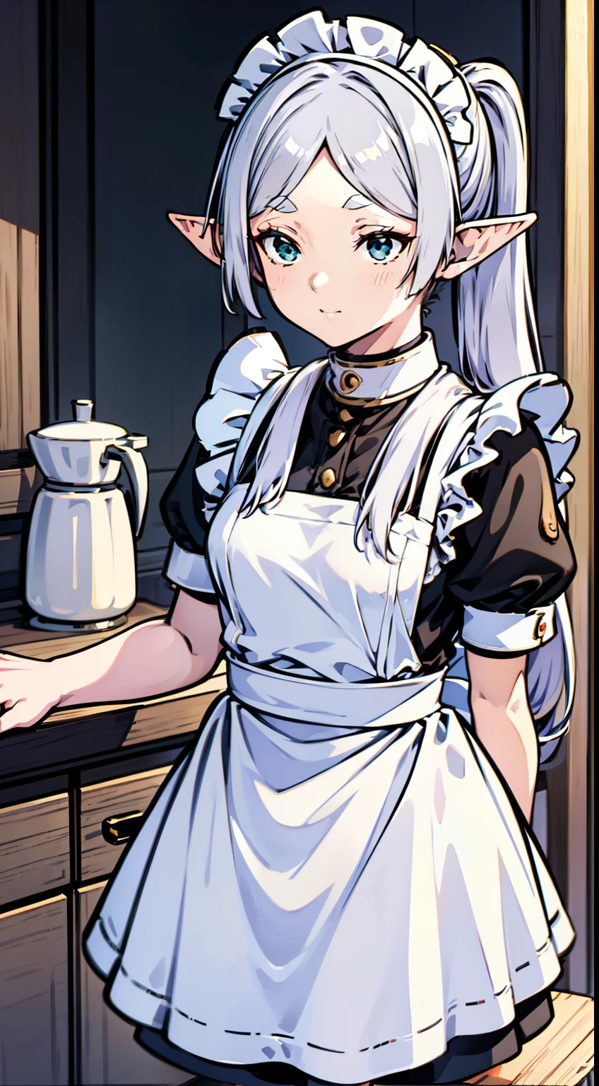 (Best quality at best, On a table),Sexy maid， Teenage girl，NSFW, 1 girl in, Green-eyed , ssmile, Hourglass figure, grey long hair，the maid outfit，dual horsetail, elvish ears、Kitchen room、small tit、Black background has the best quality, tmasterpiece, 1 slim girl, (Alone:1.1), Ray traching, ultra - detailed,Detailed faces, 8k wallpaper, Wide hips, Takashi Furi NDV, 1 slim girl, White hair, dual horsetail, eBlue eyes, mediuml breasts, Long gray hair, pointy ears, Maid outfit with bangs, White shawl, White dress, obi strip, longer sleeves,  External, sitted, Solemn maid outfit，lie，sitting down，in a kitchen，At the desk