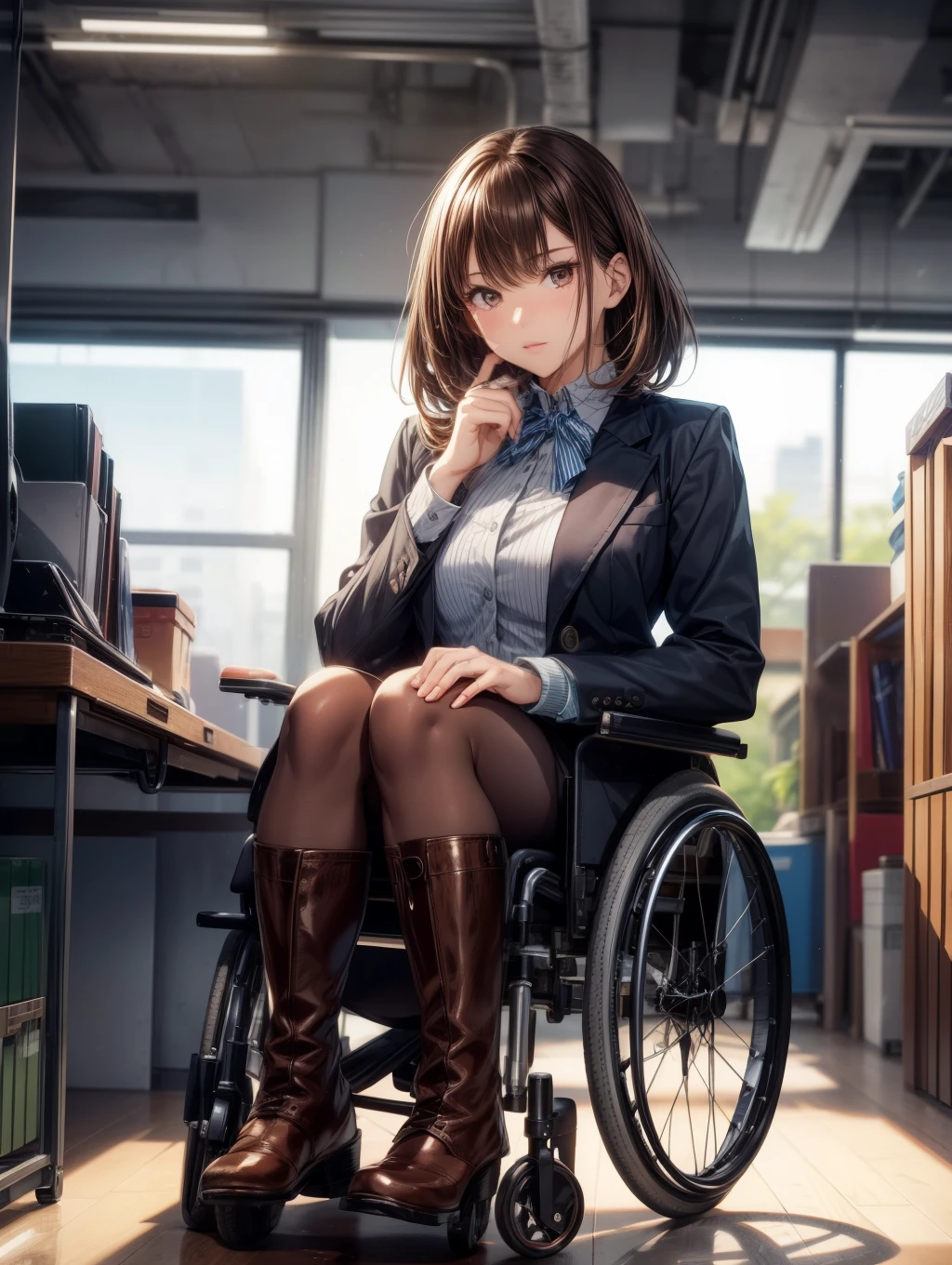 1人の女性、Best Quality, masutepiece, Beautiful mature、Beautiful face、Strong-minded woman、Being in a wheelchair、Office Suits、long boots、brown haired、Brown-eyed、Bob Hair、40 years、adult lady、Full body like、
