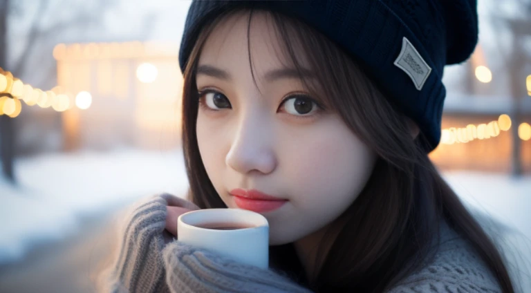 8k, RAW photo, best quality, masterpiece, high detail RAW color photo, professional photograph, (realistic, photorealistic:1.37), (high detailed skin:1.2), high resolution, beautiful detailed eyes, (hard focus:1.4), (sharp focus:1.4), 1girl wearing cozy sweater, knit beanie, sipping hot cocoa, rustic mountain cabin, snowflakes gently falling, quiet winter day, bokeh, lens flare, (vignette:0.8), dramatic lighting, cinematic lighting, back light, professional lighting, physically-based rendering, ulzzang-6500-v1.1, pureerosface_v1