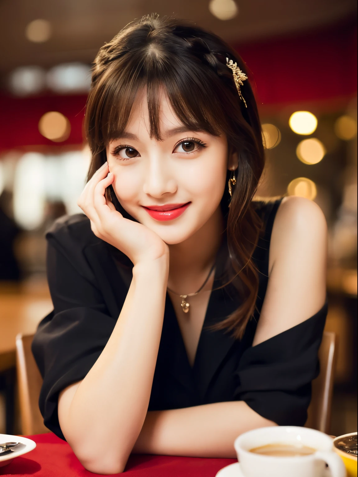 ((Top Quality, 8K, Masterpiece: 1.2)), Beautiful, Pure, Melon Face, Kind and Cute, Sweet Smile, Pure Desire, Slender Body, ((Front)), (Looking at Camera), Wearing a Casual Suit, Medium Hair, long flowing shoulders, big round black eyes, big clear eyes, moist red lips, sweet, sitting on a chair, cafe background, ((waist shot)),