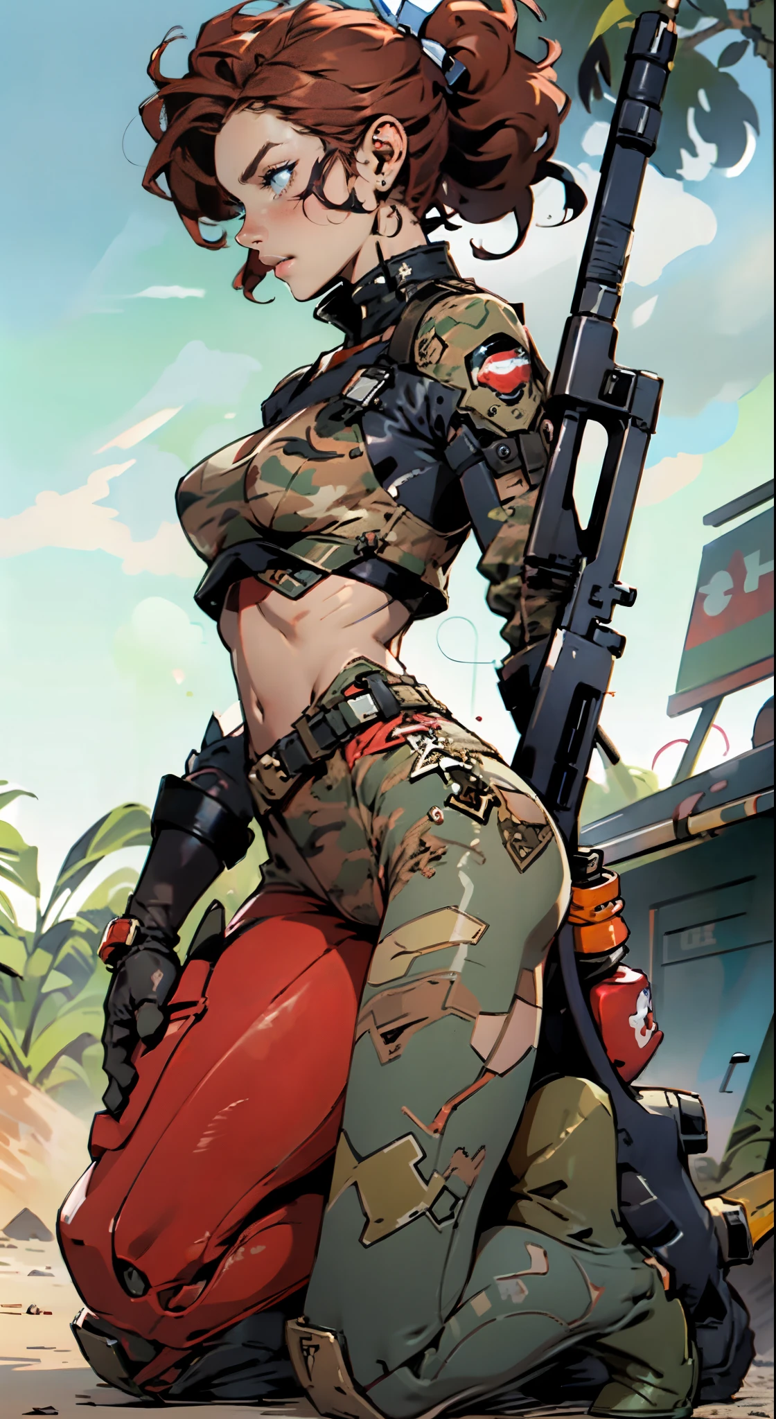 1woman 20 years old, max resolution, sculpted, military, wearing a soldier helmet, beautiful, perfect body, red hair, blue eyes, perfect body, thin waist, wide hips, large breasts, slim thighs, jungle background, armored vehicle, military robot dog, camouflaged uniform, tight panties, two-piece, highly detailed, high resolution, perfect hands, side view, camo, face fully turned to the side to look at the viewer, turn her head to look at the viewer, genuflection kneeling, one knee on ground, one knee up, holding up a rifle