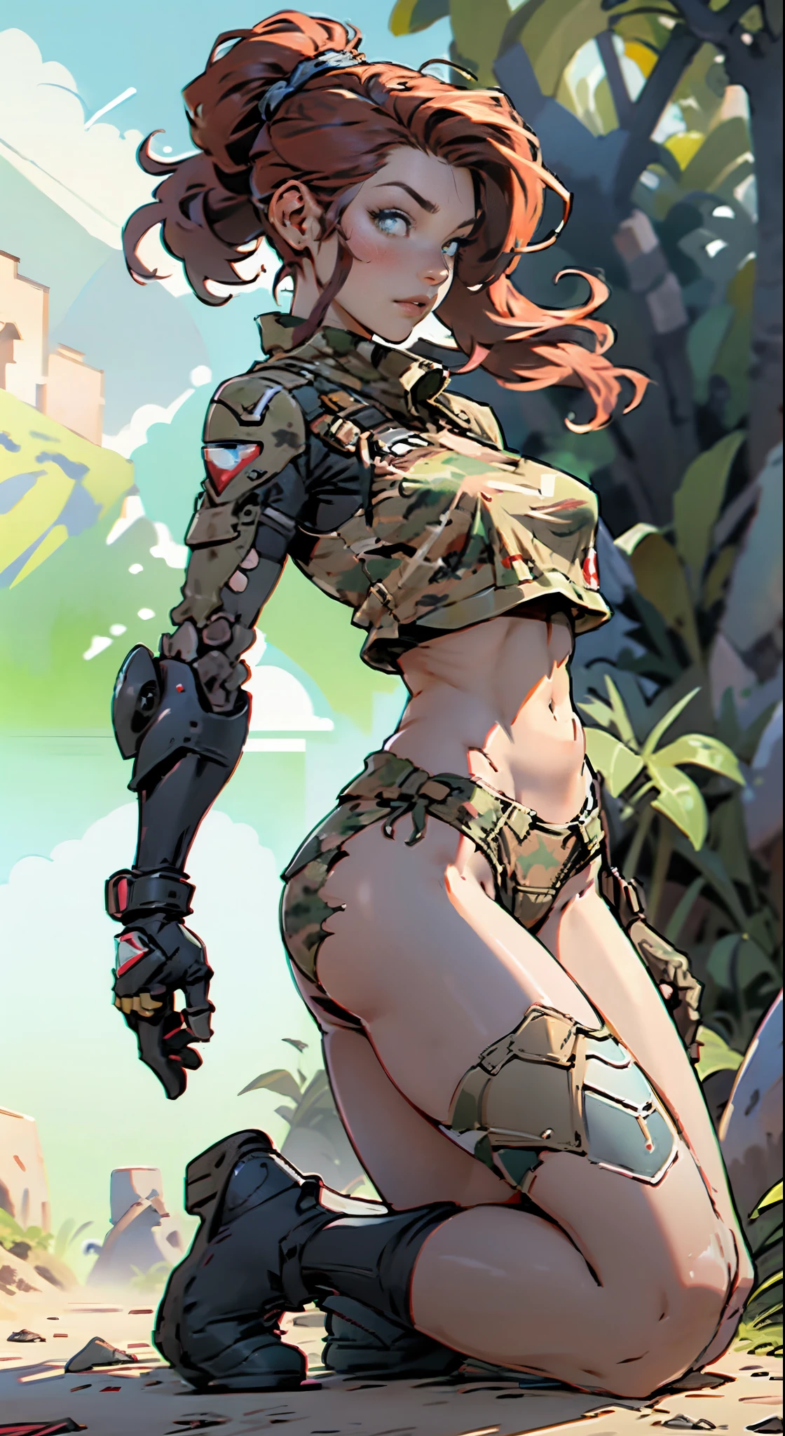 1woman 20 years old, max resolution, sculpted, military, wearing a soldier helmet, beautiful, perfect body, red hair, blue eyes, perfect body, thin waist, wide hips, large breasts, slim thighs, jungle background, armored vehicle, military robot dog, camouflaged uniform, tight panties, two-piece, highly detailed, high resolution, perfect hands, side view, camo, face fully turned to the side to look at the viewer, turn her head to look at the viewer, genuflection kneeling, one knee on ground, one knee up, holding up a rifle