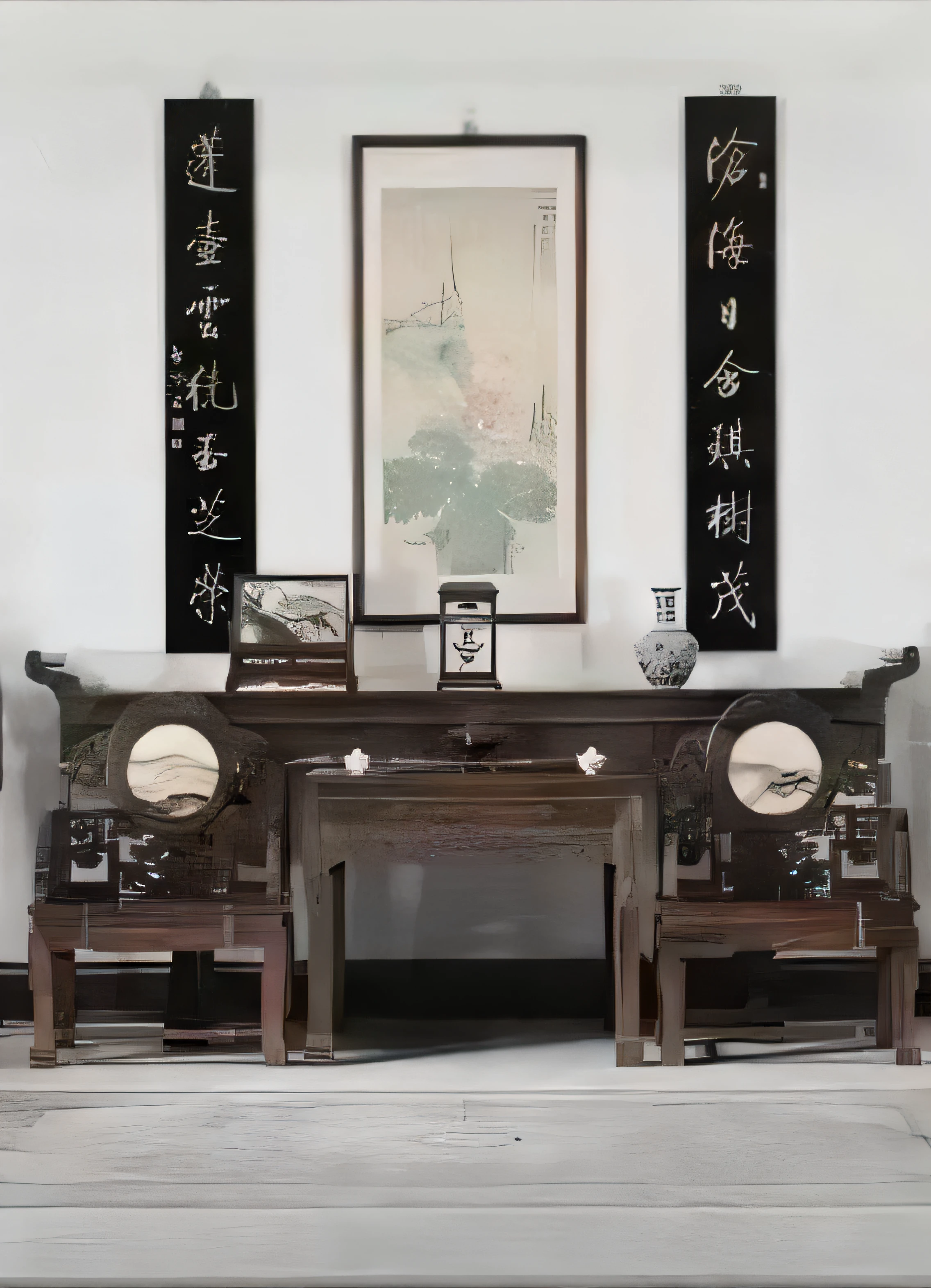 There were two chairs and a table in the room,Oriental writing on the wall, style of guo hua, Inspired by Zhang Shunzi, Inspired by Hu Jieqing, museum ink painting, Inspired by Zhang Shengwen, Fenghua bell style, inspired by Luo Zhichuan, Nguyen Chia style