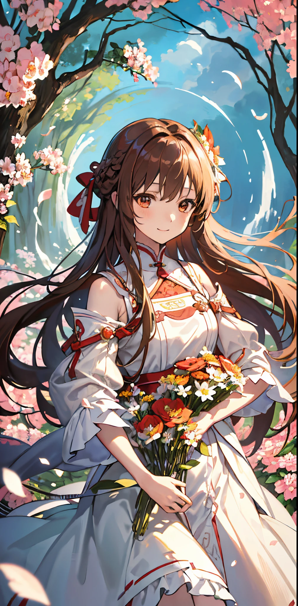(masterpiece、top-quality、illustratio、Extremely high quality、high-level image quality、Extremely sensitive writing)Girl with long brown hair standing in beautiful flowery garden、A slight smile、She has a large bouquet、Cute national costume style dress with ruffles on the shoulders、Hair fluttering in the wind, asuna yuuki,
