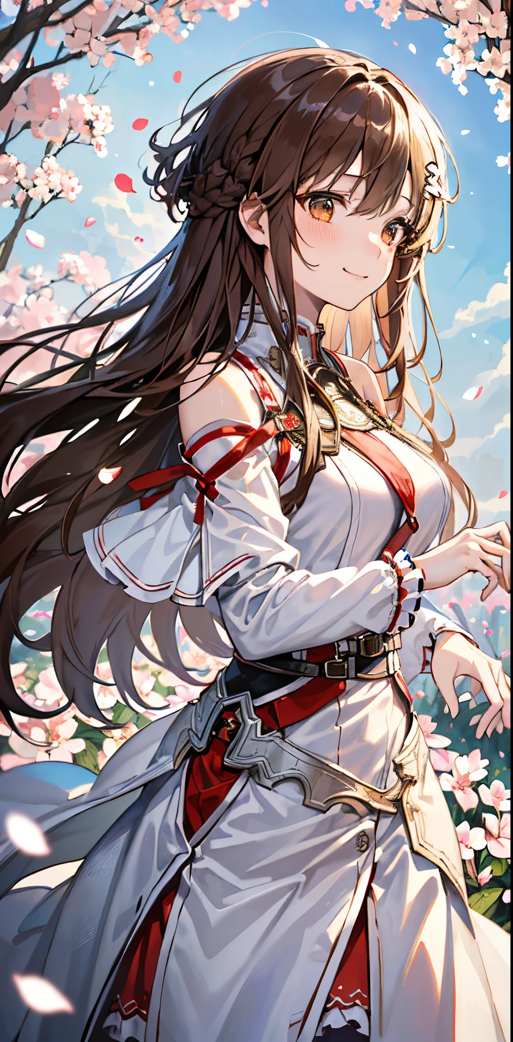 (masterpiece、top-quality、illustratio、Extremely high quality、high-level image quality、Extremely sensitive writing)Girl with long brown hair standing in beautiful flowery garden、A slight smile、She has a large bouquet、Cute national costume style dress with ruffles on the shoulders、Hair fluttering in the wind, asuna yuuki,