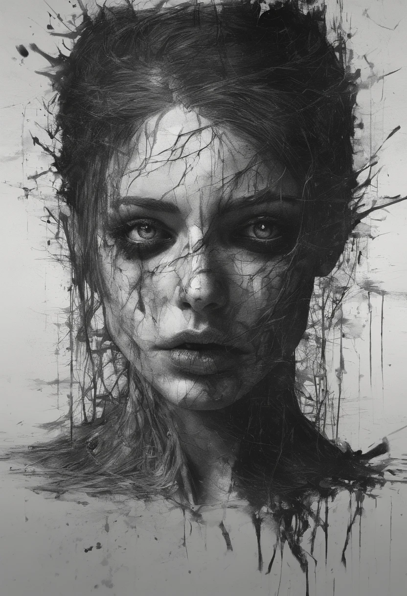 beautifull girl, Perfect centralization, coelho (franco)de Donnie, Standing position, beleza abstrata, Centrado, looking at the camera, Facing the camera, nearing perfection, triste, desespero, corpo inteiro, hands on her head, Dynamic, altamente detalhado, liso, foco nítido, 8k, high-definition resolution, illustration, arte de Carne Griffiths e Wadim Kashin, fundo branco
