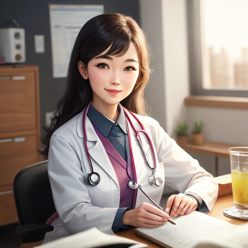masterpiece, hot shot, ((best quality)), absurdres, perfect antomy, Tae Takemi, (Small smile), necklace, choker, dress, (Big breasts:1.3), braless, defined abdomen, labcoat, standing, doctor office background, sexy pose