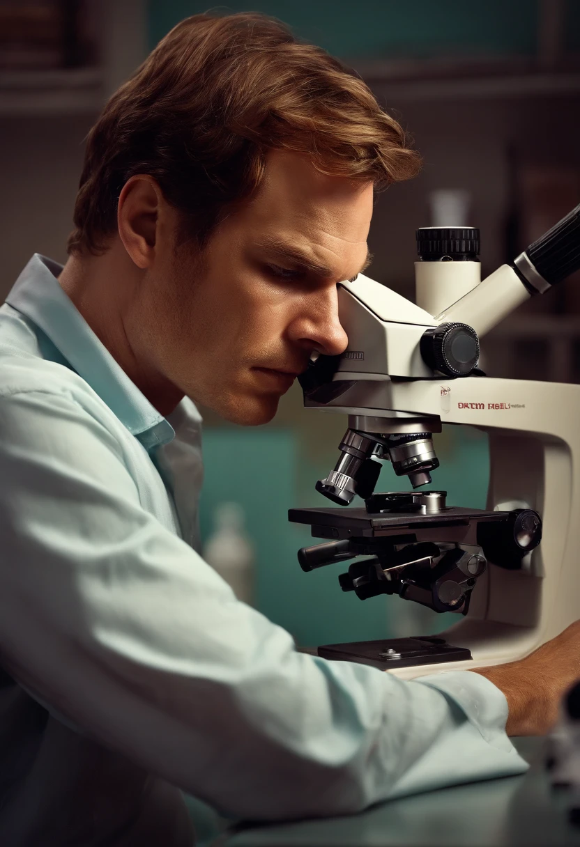 A photo of Dexter carefully examining a blood-spattered shirt under a microscope,original,michael c hall