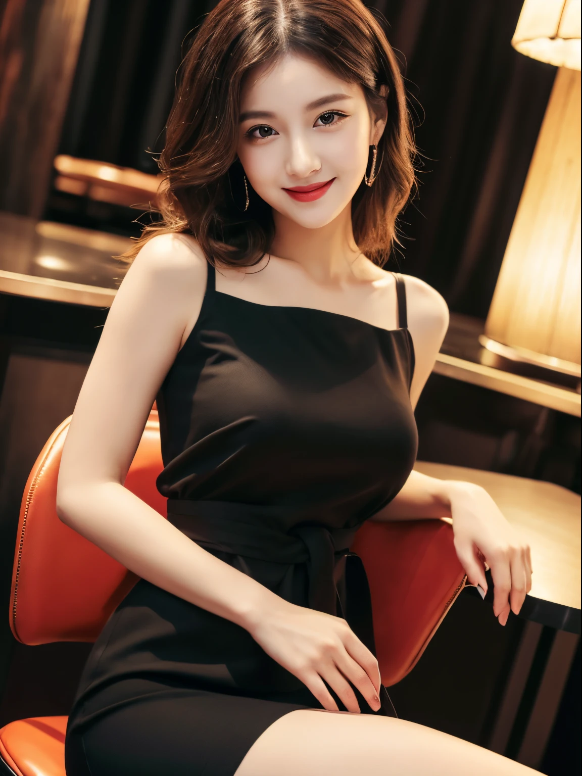 ((Top Quality, 8K, Masterpiece: 1.2)), Beautiful, Pure, Melon Face, Kind and Cute, Sweet Smile, Pure Desire, Slender Body, ((Front)), (Looking at Camera), Wearing a Casual Suit, Medium Hair, long flowing shoulders, big round black eyes, big clear eyes, moist red lips, sweet, sitting on a chair, cafe background, ((waist shot)),
