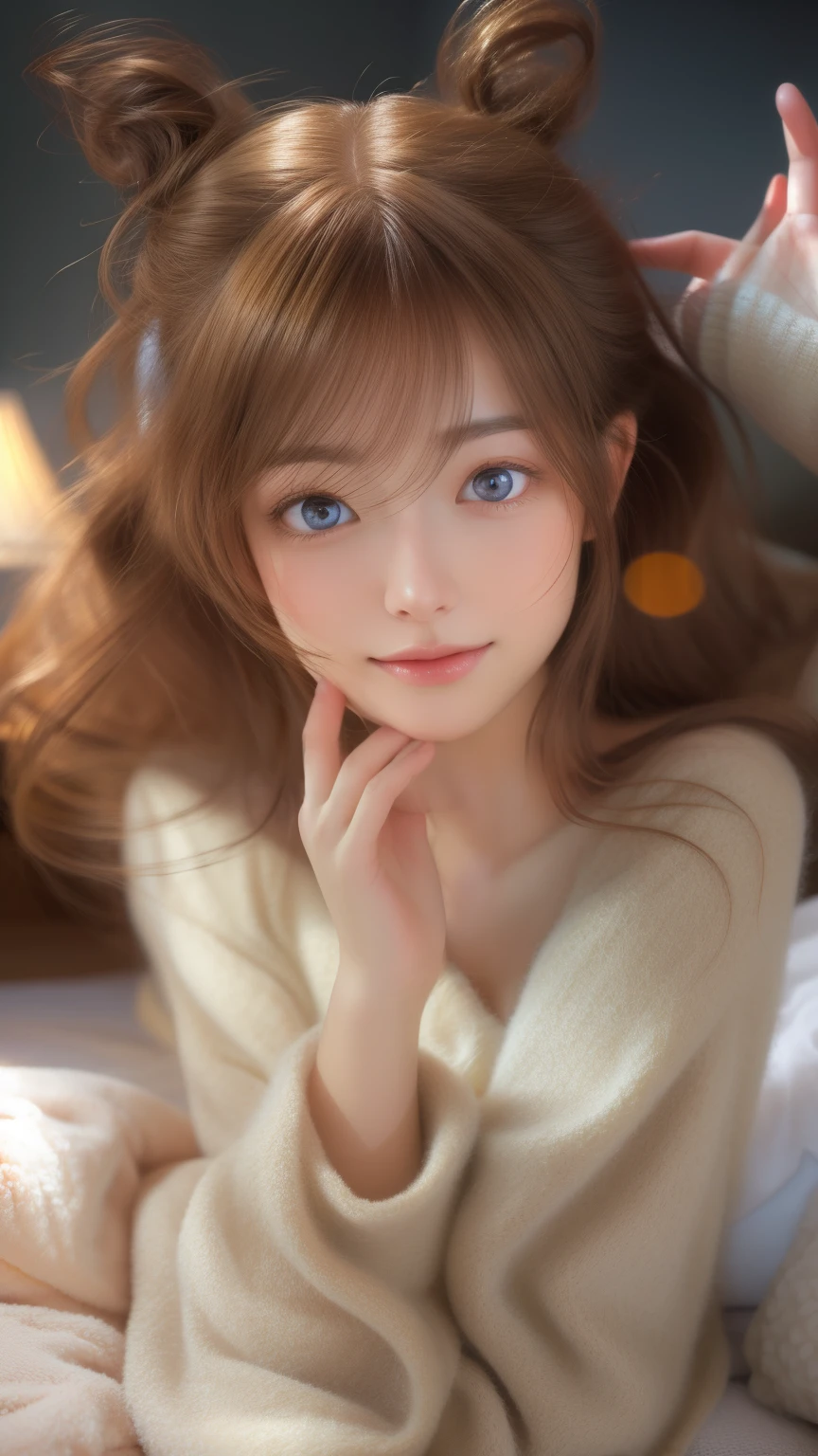 beautiful detailed eyes, flowing hair, peaceful expression, soft lighting, cozy atmosphere, warm colors, playful pose, relaxed mood, dreamy background