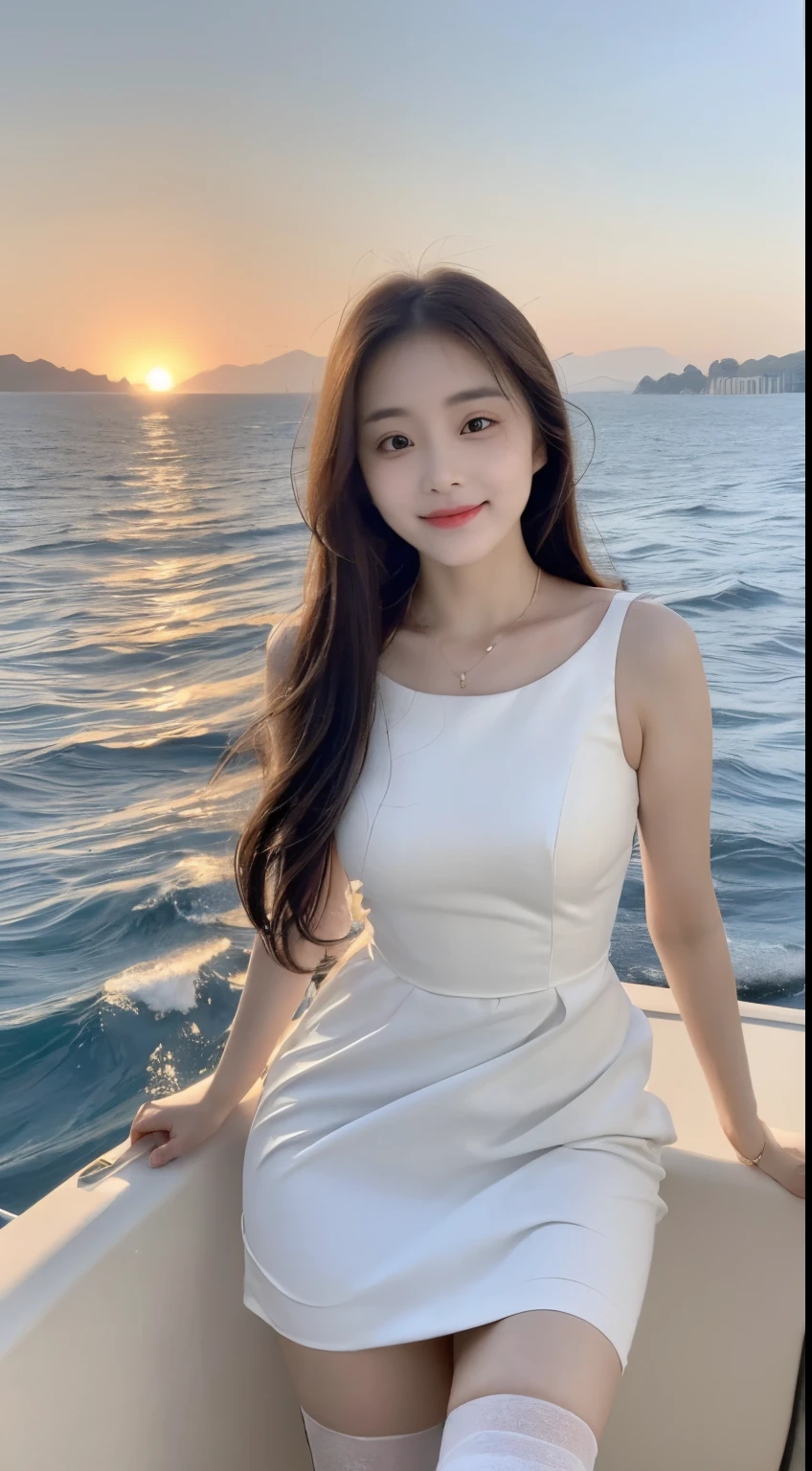 (1 Korean celebrities with royal sister style), ((Best quality at best, 8K, 巨作: 1.3)), focal: 1.2, Perfect body proportion: 1.4, (ssmile), (the sunset: 1.3),  watery big eyes, Highly Detailed Face and Skin Textur, Fine Eye, 二重まぶた, Whitening Skin, (Long gray hair, Air bangs: 1.3), (Round face inches: 1.5), (White dress 1.4), Black stockings（Sketch 1:2，）Stand on long legs （On a yacht at sea，Overall picture of yacht，are standing，baiyun，suns，The scenery is exceptionally beautiful）Look down at the camera