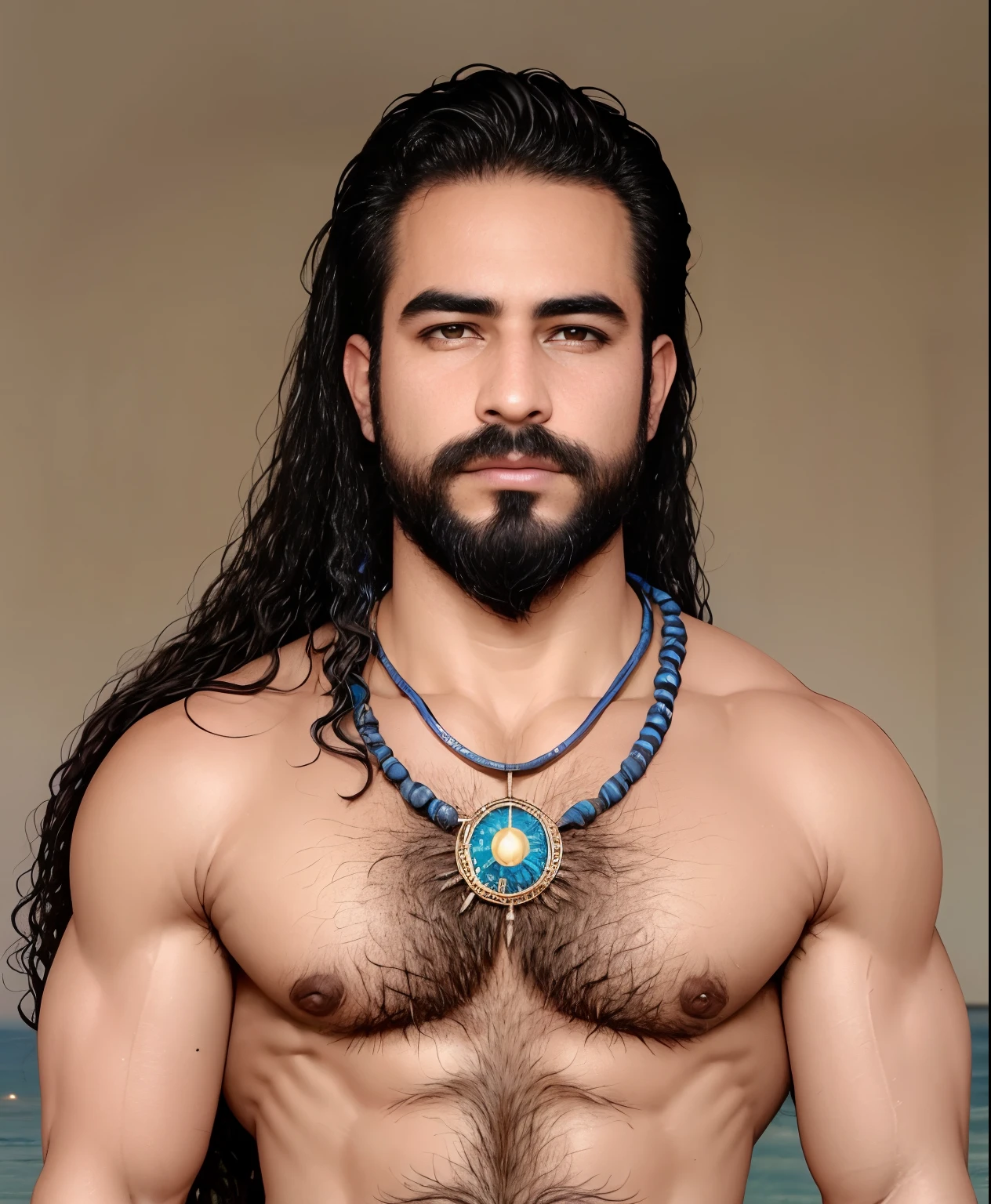 fking_scifi, fking_scifi_v2, portrait of a young, muscular very handsome and attractive Arabic warrior man, in front of an sand desert, long messy hair, hairy body, rich colorful and golden jewelry, close up, regal pose and attitude. fking_cinema_v2.