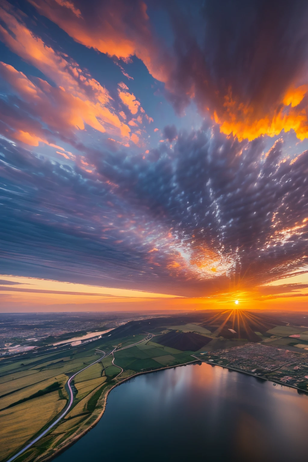 Highly detailed stunning sunset landscape, crane view, highly detailed, breathtaking, inspired by the style of Ken Duncan well known as the pioneer of landscape, in making use of dodging and burning to edit a landscape image