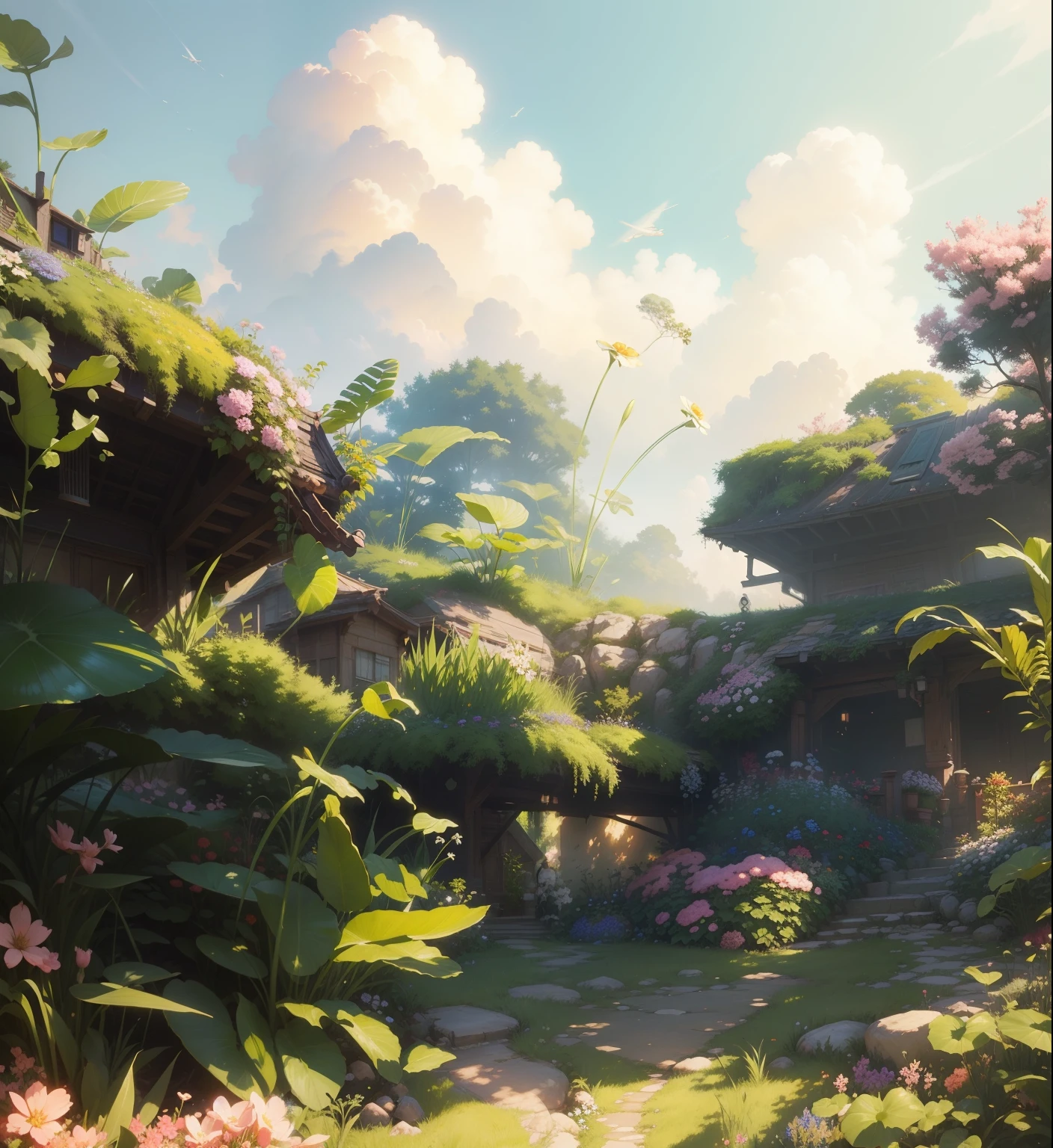 Cartoon picture of a garden,There are flowers and plants inside, floral environment, inspired by Krenz Cushart, Detailed scenery – width 672, Environmental design illustration, Anime landscape concept art, krenz cushart and wenjun lin, Anime background art, Colorful concept art, Ghibli Studio Environment, krenz cushart and artem demura