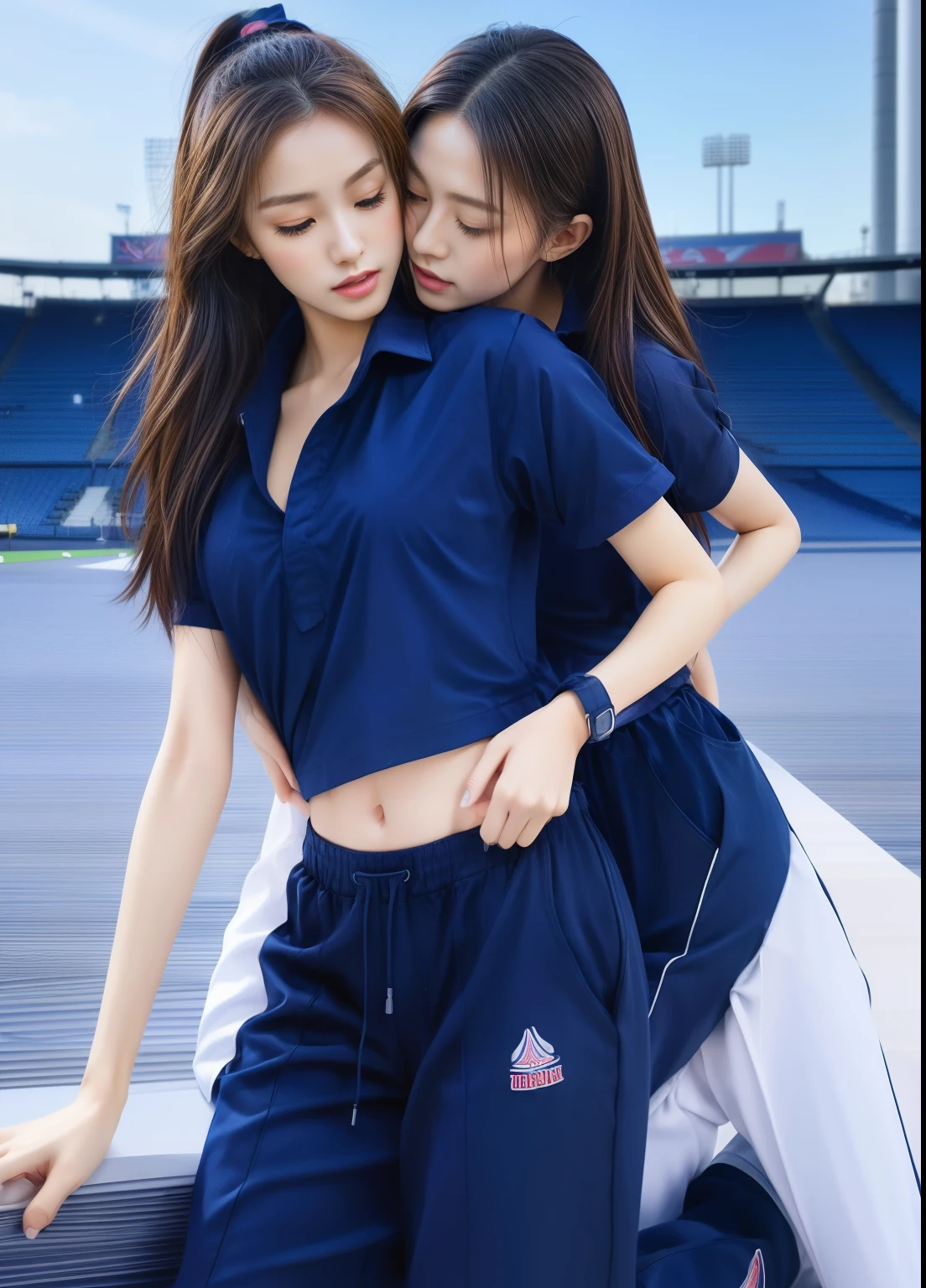 (bestquality,10,10,highres,masterpiece:1.2),ultra-detail,(Realistic,photorealistic portrait,photo-realistic:1.37),1 Cute girl in the football field,oily shiny skin,bara,light smile,BDclothes,((blue shirt:1.3)),short sleeves,shirt, trousers.,(navy_long_Pants Track:1.1), ((Stadium Background:1.3)),dynamic angle,excited,face focus,Dynamic Poses,from behide,Ass Focus,masterpiece, bestquality, ultra realistic, hyper-detail, 8k resolution, RAW photo, crisp focus, ((Navy blue shirt:1.1)), short sleeves, Long Path, Perfect body, 2 mature women, 18yo, cinematic light,Blue sweatpants,Gymware,Correct anatomy,Complete body, Correct body, sharp face, Anatomically correct body, full entire body, Realistic gestures, long-haired, Realistic poses,Wear long shorts...................,Long leg span,Shapely,Sculpting Girl, Slender Figure, mannequin mannequins, Shapely, Beautiful body,Blue sweatpants, Two girls kissing