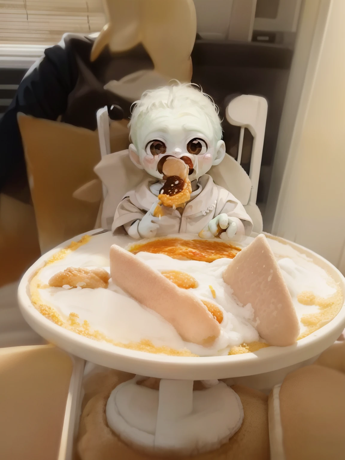 there is a baby sitting in a high chair with food on it, sitting in his highchair, messy eater, ready to eat, reddit post, happy with his mouth open, with a happy expression, very excited, very very happy!, eating cheese, buttercup eating pizza, by Matt Cavotta, profile image, having a great time, covered in sprinkles and crumbs