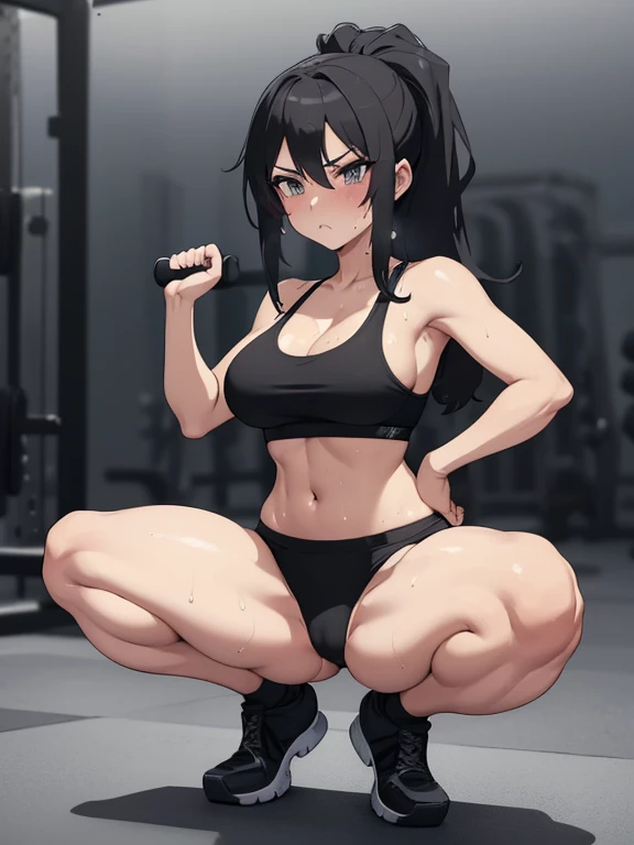 anime girl in black sports bra and black briefs posing on a platform, most strongest pose, thicc, working out, beautiful anime girl squatting, strong pose, sweaty belly, seductive anime girl, at the gym, in a gym, thighs!!!, thighs focus, sweaty skin!!, thighs!!!!!!, fit girl