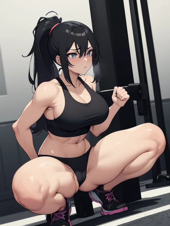 anime girl in black sports bra and black briefs posing on a platform, most strongest pose, thicc, working out, beautiful anime girl squatting, strong pose, sweaty belly, seductive anime girl, at the gym, in a gym, thighs!!!, thighs focus, sweaty skin!!, thighs!!!!!!, fit girl