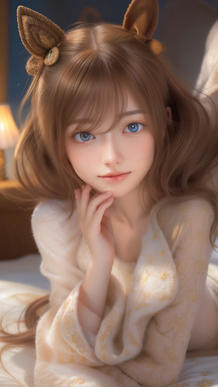 beautiful detailed eyes, flowing hair, peaceful expression, soft lighting, cozy atmosphere, warm colors, playful pose, relaxed mood, dreamy background