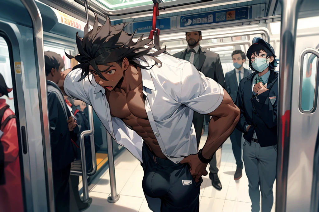 1 black man stopped on the subway, BOJO MAIOR, large bulge, visible pubis hair,  large bulge,no shirt,  subway full of shocked children looking at the black boy