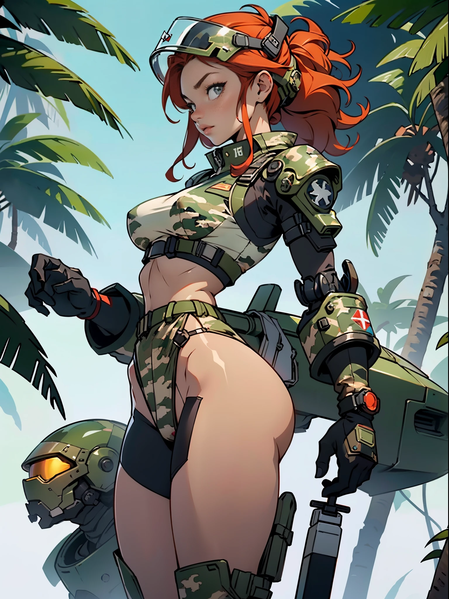 1woman 20 years old, max resolution, crisp lines, sculpted, military, wearing a soldier helmet, beautiful, perfect body, red hair, perfect body, thin waist, wide hips, large breasts, slim thighs, jungle background, armored vehicle, flying fighters, military robot dog, camouflaged uniform, tight panties, two-piece, head to toe, highly detailed, high resolution, perfect hands, side view, camo, turning around to see the viewer
