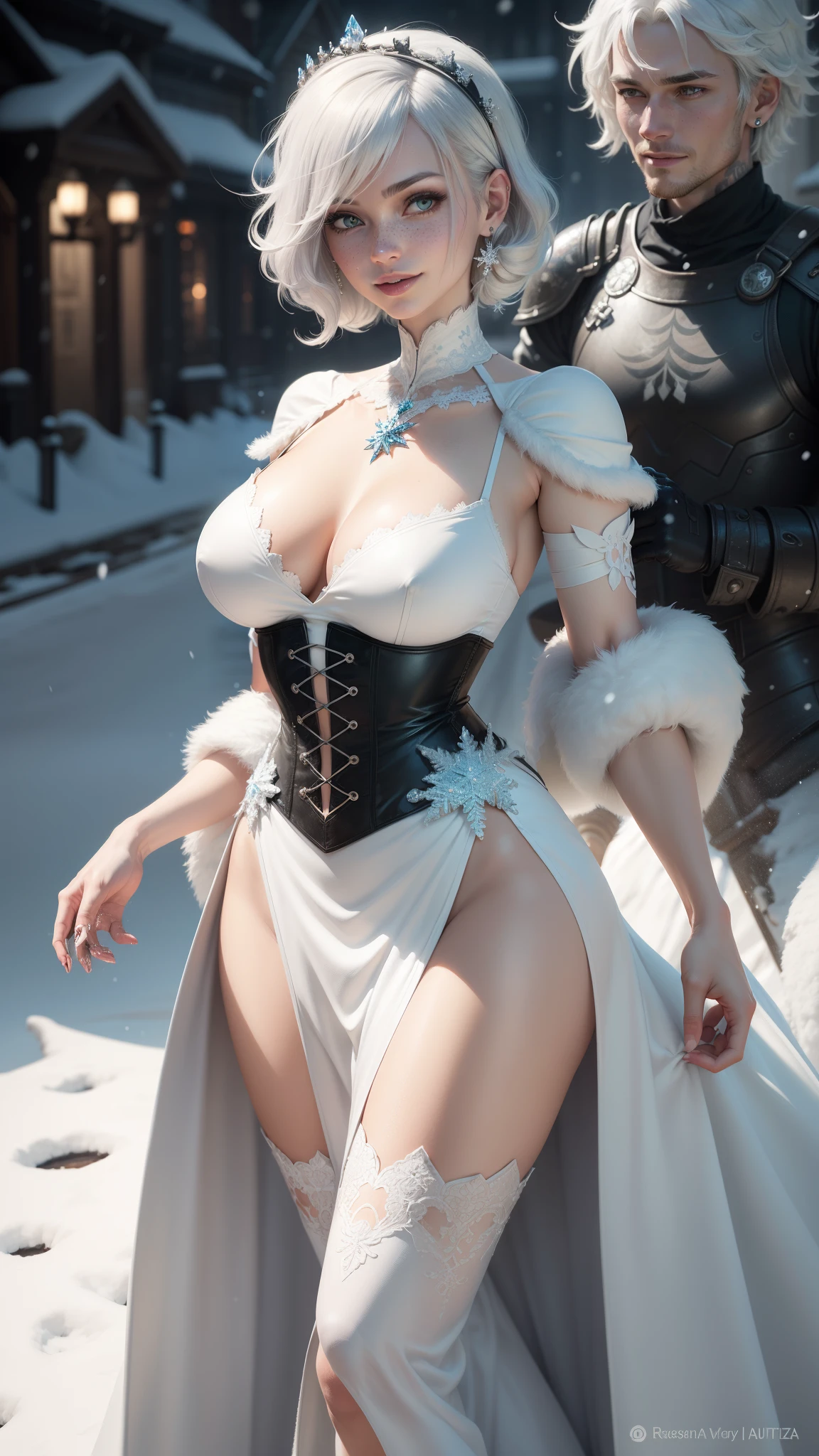 gwen tennyson,tracer,y'shtola rhul,yorha 2b,rebecca chambers,frozen,nier automata,atelier ryza,close up,asgard, tattoos,white plugsuit,white short sleeve lotus top,silver embroidery long white snowflake gown dress,silver embroidery corset,short hair,princess makeup,green glowing eyes,multicolored silver hair,sexy smile,freckles,beautiful girl,large breasts,8k,ultra detailed,realistic,fantasy art,crystal armor,feathered armor,winter princess outfit,long dress train,white snowflake crown,ear piercings,crystal hand and neck jewelry,walking,crystal wand,(weather:snowing)