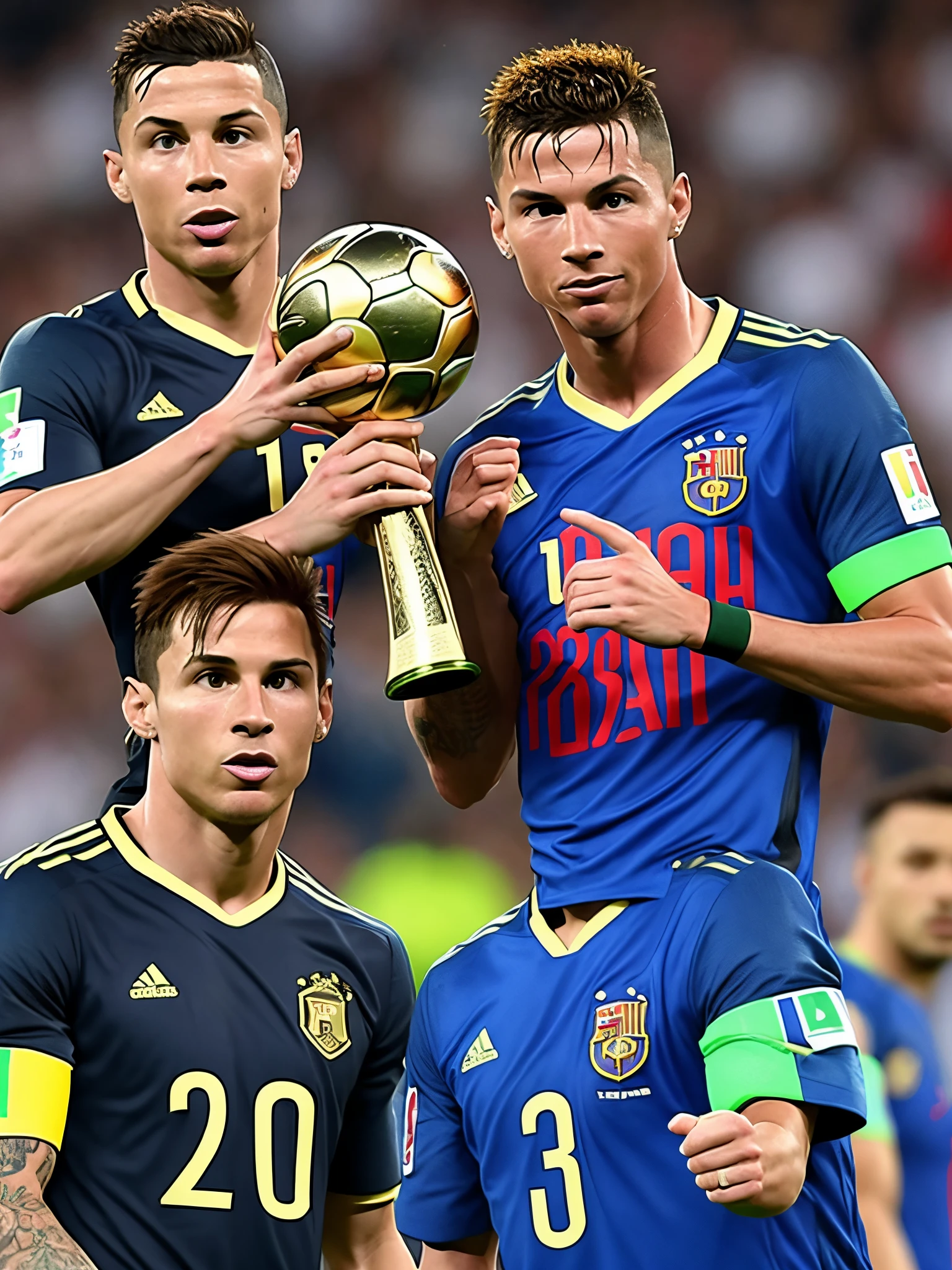 Ronaldo holding world cup while messi is looking at him dissapointed