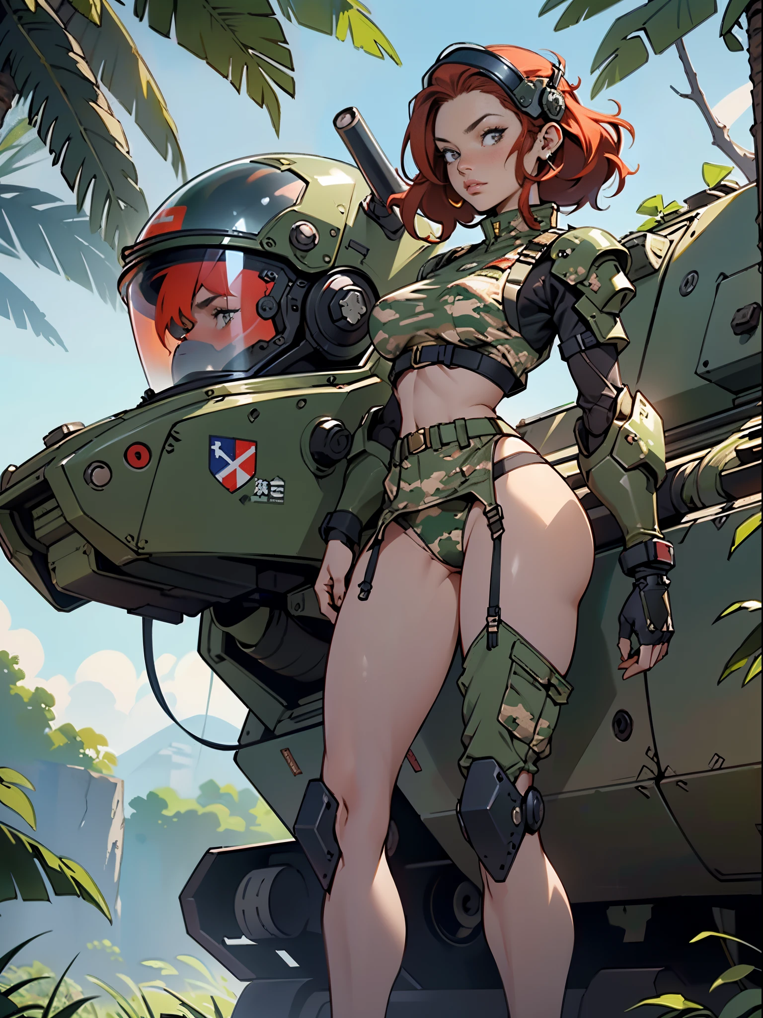 1woman 20 years old, max resolution, crisp lines, sculpted, military, wearing a soldier helmet, beautiful, perfect body, red hair, perfect body, thin waist, wide hips, large breasts, slim thighs, jungle background, armored vehicle, flying fighters, military robot dog, camouflaged uniform, tight panties, two-piece, head to toe, highly detailed, high resolution, perfect hands, side view, camo, turning around to see the viewer
