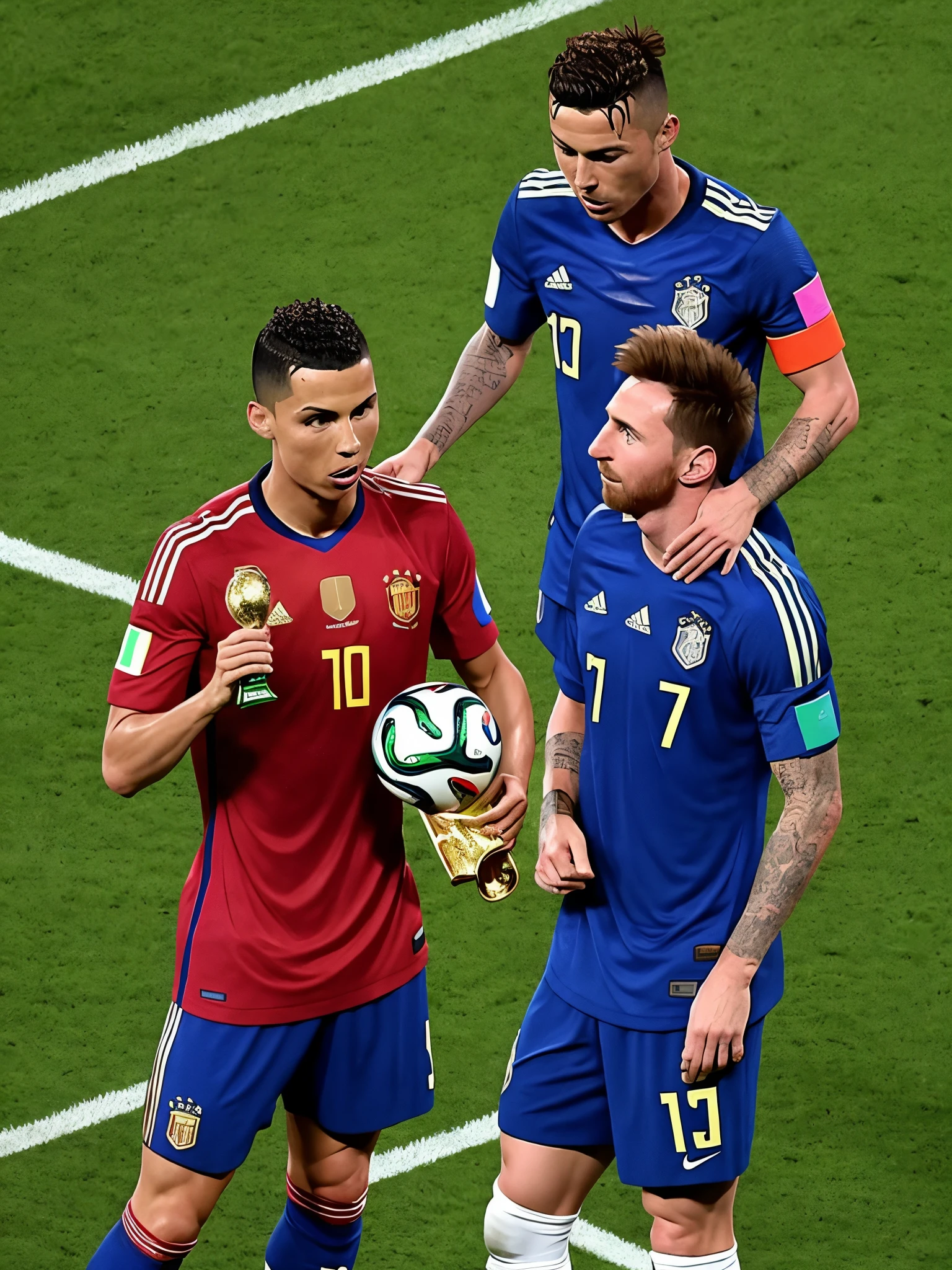 Ronaldo holding world cup while messi is looking at him dissapointed