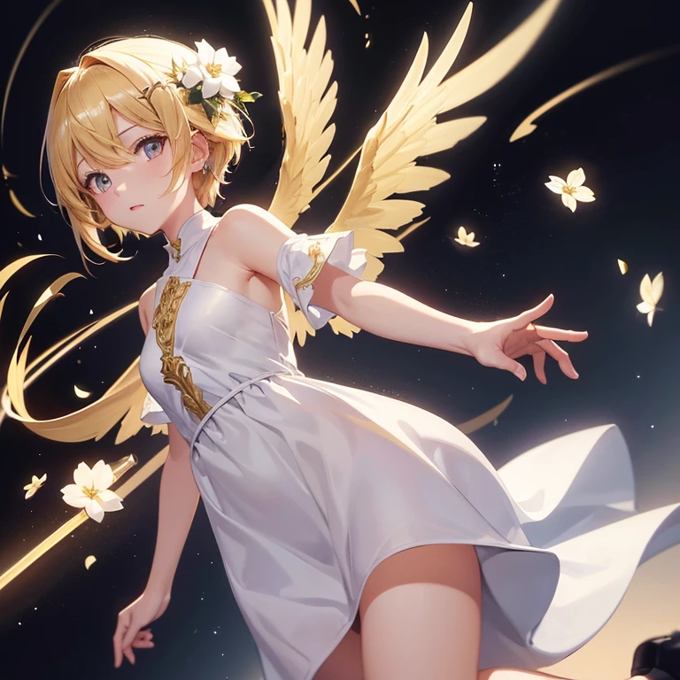 Q version, girl smiling at the audience, hands raised above her head, bare feet, short white hair, white dress, elf with pink eyes and butterfly wings wearing a glowing dress, black background highlights the sense of mystery and preciousness, full of ballet-style pictures, intricate details
