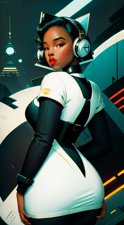 retro scifi art,vintage,1pinup ebony girl with very white techwear clothes,cat,geometric shapes and simple stripes on background, small waist, big ass