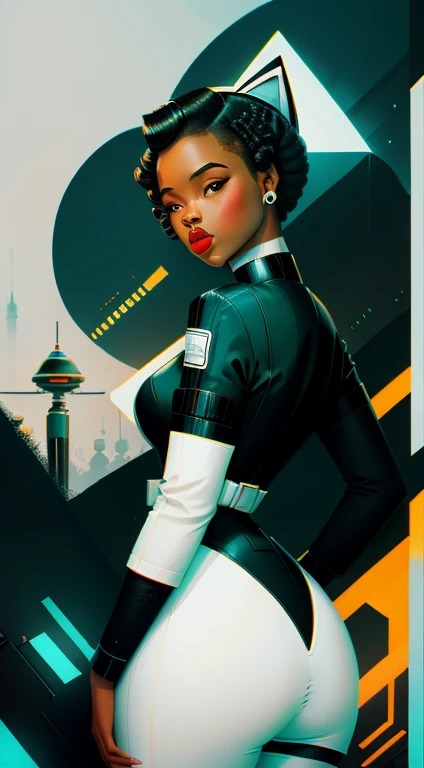retro scifi art,vintage,1pinup ebony girl with very white techwear clothes,cat,geometric shapes and simple stripes on background, small waist, big ass