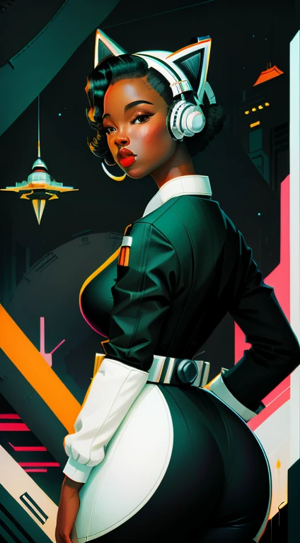 retro scifi art,vintage,1pinup ebony girl with very white techwear clothes,cat,geometric shapes and simple stripes on background, small waist, big ass