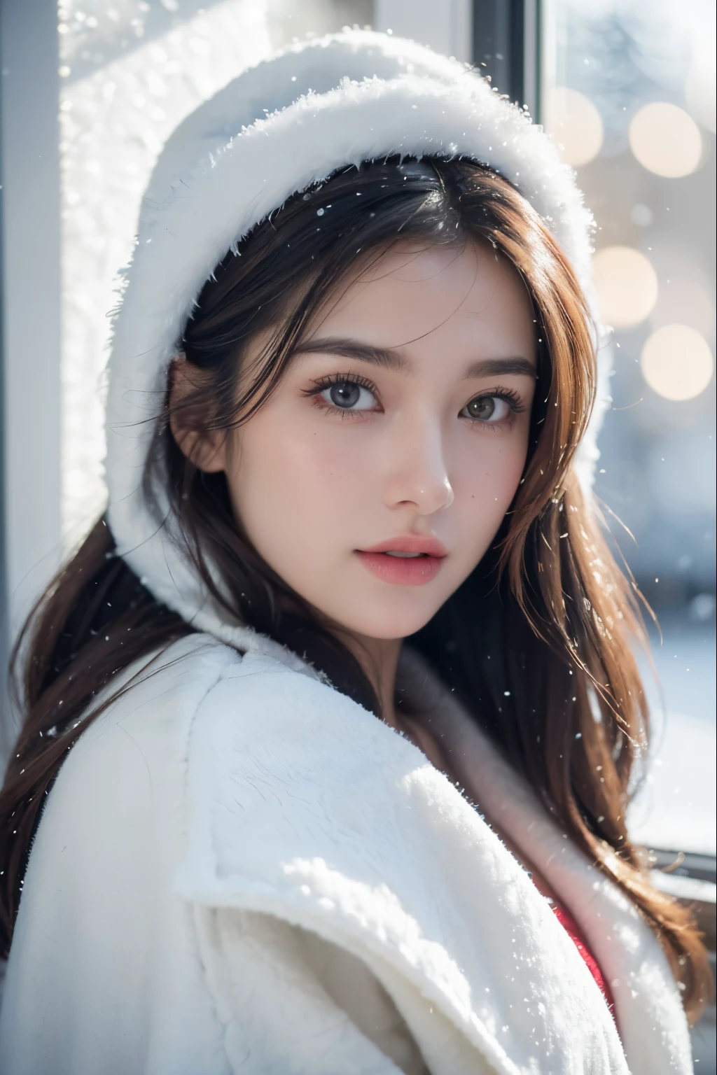 a beautiful Korean girl in a snowy forest, 20 years girl, detailed portrait, beautiful detailed eyes, beautiful detailed lips, extremely detailed face, long eyelashes, detailed skin, above knee length Clear Slim Fit Jacket Dress, beautiful soft thighs, snowy pine trees, snowflakes, mist, cold atmosphere, cinematic lighting, dramatic shadows, fantasy, digital painting, (best quality,8k,highres,masterpiece:1.2),ultra-detailed,(realistic,photorealistic:1.4),dramatic lighting, depth of field, volumetric lighting, beautiful face, realistic face, realistic skin, realistic smile, realistic atmosphere, every thing is realistic, cutest smile, realistic body, realistic body language, little cleavage, mouth watering beauty, standing, upper body shot,