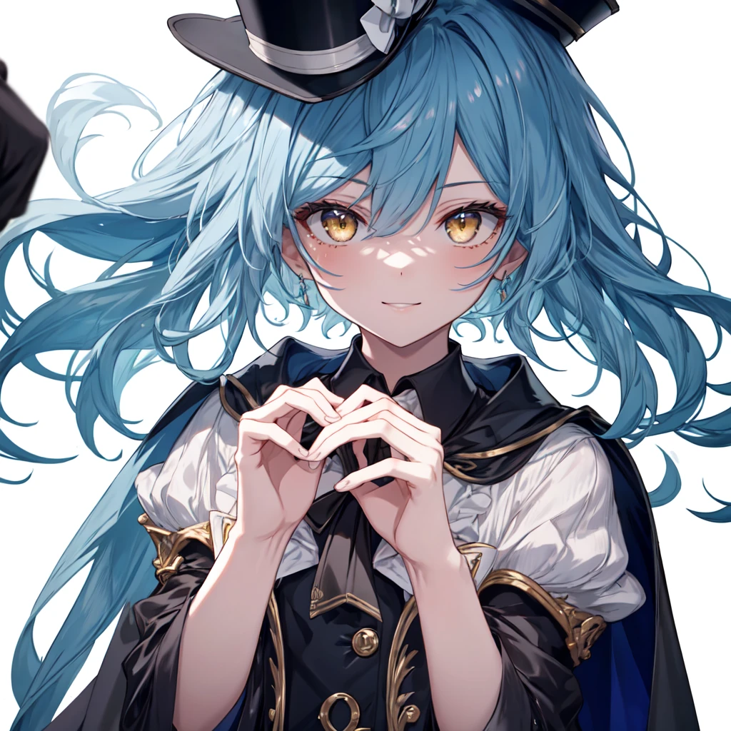 masterpiece, absurdres, a high resolution, hdr, best quality, highest quality, highres, best-quality, beautiful, masterpiece, 8k, good-looking, illustration, digital art, (1girl, solo, female focus: 1.6), blue hair, yellow eyes, bangs, choppy bangs, light blue mini top hat, collared cape, cape, white shirt, sleeveless, frilled cape, fair skin, bow, smiling, closed mouth, (simple background, white background: 1.9), (perfect hands, perfect legs, perfect fingers, perfect body, perfect shading, perfect highlights, perfect hair, perfect proportions: 1.5), (detailed, detailed hair, detailed clothes, detailed skin, detailed eyes, hyper-detailing, ultra_detailed, amazing details, intricate, sharp focus, unreal engine 5, 4k uhd image, delicate facial features, looking at viewer, (kbxll:0.6),