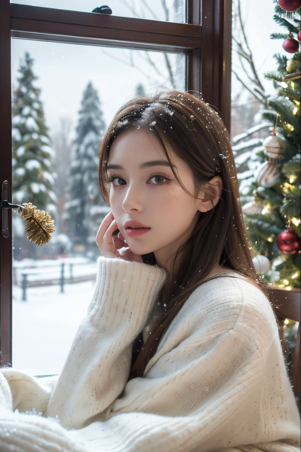 (best quality,4k,8k,highres,masterpiece:1.2),ultra-detailed,(realistic,photorealistic,photo-realistic:1.37),a girl,Christmas tree,outside the window,snowfall,beautiful detailed eyes,beautiful detailed lips,long eyelashes,cozy atmosphere,warm clothing and accessories,winter landscape,vivid colors,soft lighting,bokeh