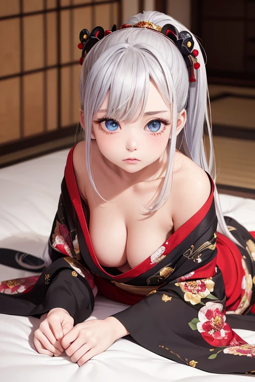 Fuua, (Silver hair), Medium Hair, Height 150cm, Bust 30B , student,(slightly pointed ears) , Round face,Round eyes,Cute eyes, Cute face,(Blue eyes),dilated pupils , masutepiece, Best Quality, Hello Resolution, photographrealistic, Detailed face, 1girl in, Perfect Anatomy Japanese Old Bedroom,Luxurious interior from the Edo period, ,,Cute idol face,Baby face,(Oiran Girl), ((Gorgeous and sexy red and black courtesan kimono)),Overly decorated gold kimono,(covered breast) Bare shoulder kimono, Too luxurious decorative courtesan hair accessories,kanzasi, Black hair,Oiran hairstyle,Traditional Women's Hairstyles, Hair is worn and arched, ((huge-breasted)),upturned breasts,narrow shoulders,slender,Slim waist,(((Petite:1.2))), wide-hips,bighip,Large Thigh, from the front side, (all-fours) Flat White Mattress in Japan,