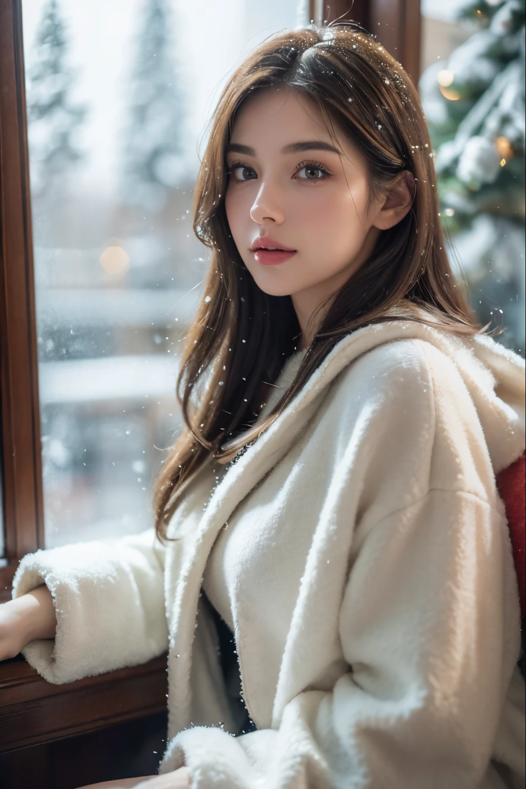 masterpiece、8K、32K、top-quality、(A detailed eye)、(A cute Japanese woman、bangss)、23years old、1 girl in、elegent、(Detailed background depiction、portlate:1.2)、(own hands together:1.5)、(illuminations、Snow:1.4)、(lace underwear、plaid scarf、knit hat:1.now:1.4)、(blushed face、Cheerful:1.4)、underwear