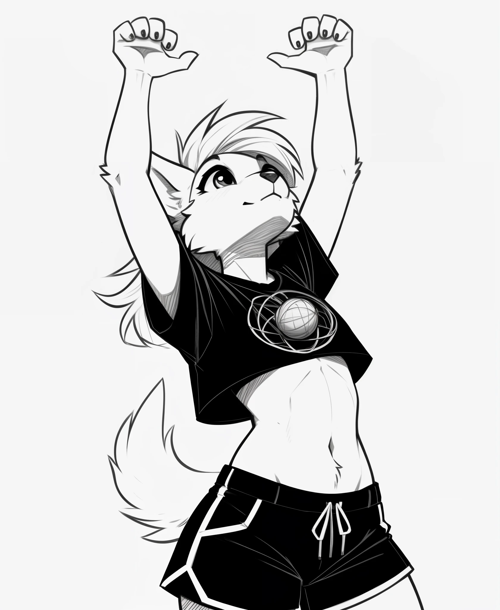 1girl, rolo, furry, body_fur, rolo_stuff, solo, tail, monochrome, simple_background, shirt, crop top, shorts, white_background, on back, arms up, yarn ball, looking up, lineart