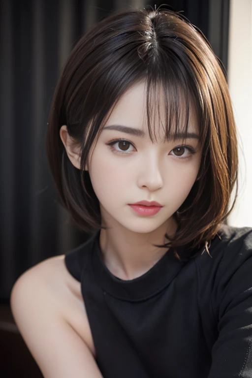 (masuter piece:1.3)、(8k、Photorealsitic、RAW Photography、top-quality: 1.4)、(1girl)、美丽的面容、(lifelike face)、(A dark-haired、short-hair:1.3)、Beautiful hairstyle、realisticeyes、Beautiful details、（real looking skin）、Beautiful skins、（gold sweater）,enticing、超A high resolution、A hyper-realistic、high-detail、the golden ratio,