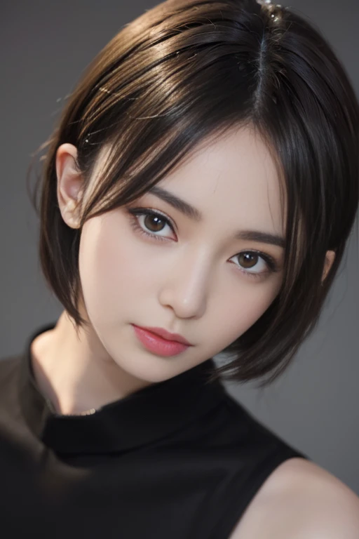 (masuter piece:1.3)、(8k、Photorealsitic、RAW Photography、top-quality: 1.4)、(1girl)、美丽的面容、(lifelike face)、(A dark-haired、short-hair:1.3)、Beautiful hairstyle、realisticeyes、Beautiful details、（real looking skin）、Beautiful skins、（gold sweater）,enticing、超A high resolution、A hyper-realistic、high-detail、the golden ratio,