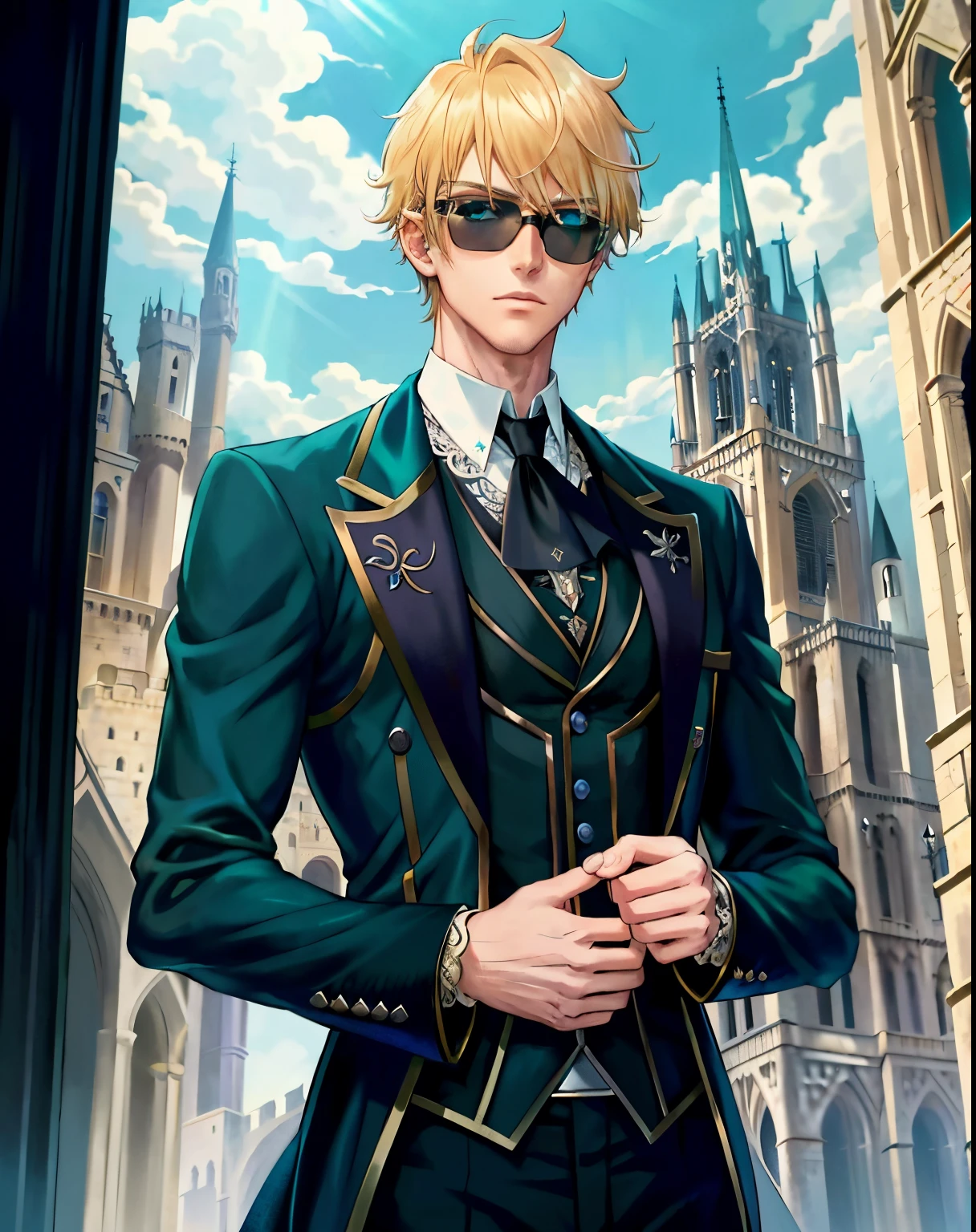 1boys, (Man), manly body, anime, Extremely detailed, ultra - detailed, (Broad shoulders), (Perfect face), illustration, Soft lighting, 2D, Intricate, Cowboy shot, Detailed eyes, Blonde hair, Short hair, teal eyes, Sexy, shades, Black Tailcoat, (outside), castle towers