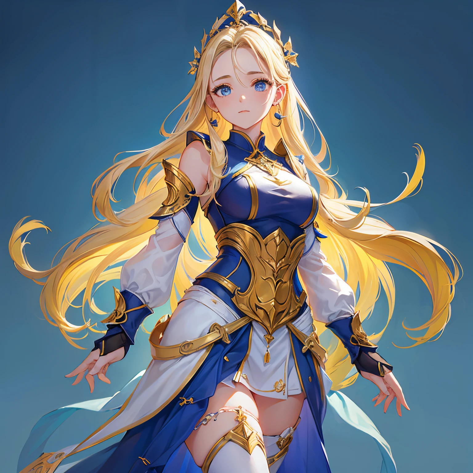 1 young beautiful woman,(Highest quality,Extremely detailed depiction,Incredibly absurd high resolution,Anatomically accurate depiction,Curvy Legs),(Glowing Skin,Shiny skin),(A female swordsman with a noble air),(White breastplate,White boots,Metal embroidery,Transparent gemstones and precious metals decoration,Exquisite armor detailing,Holy sword,White Valkyrie Helmet,Cape,White tights),(Blue Eyes,Detailed pupil,Half-closed eyes:1.3,Shadowed face,lipstick,There is cleavage in the chest,Cool look),eyelash,Luxury accessories,Earrings,necklace,Bracelet,Standing posture