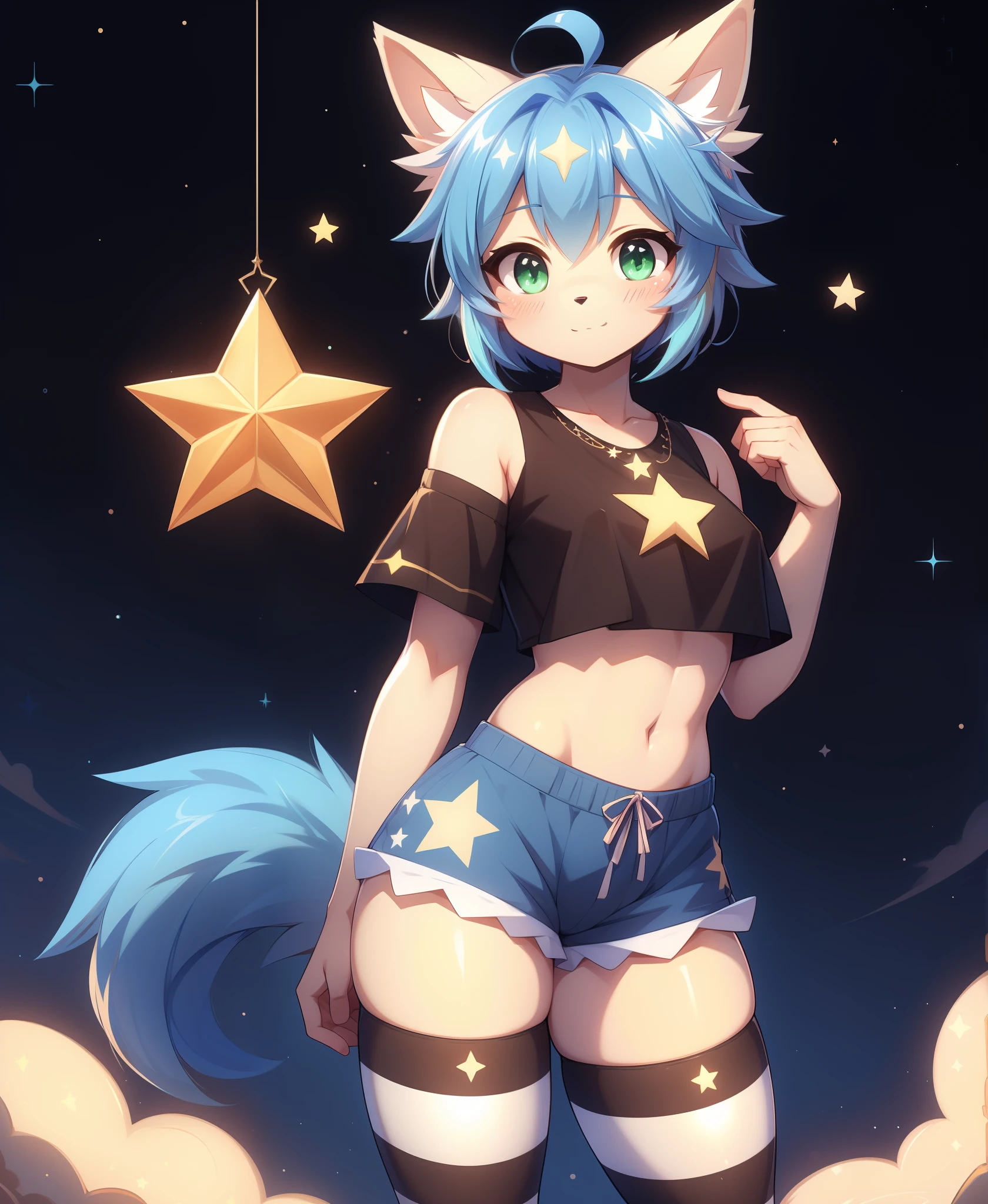 1girl, rolo, furry, body_fur, rolo_stuff, green_eyes, solo, tail, +_+, ahoge, blue_hair, blush, shirt, crop top, star-shaped_pupils, star_\(symbol\), star_hair_ornament, striped, striped_legwear, thighhighs, shorts, wariza