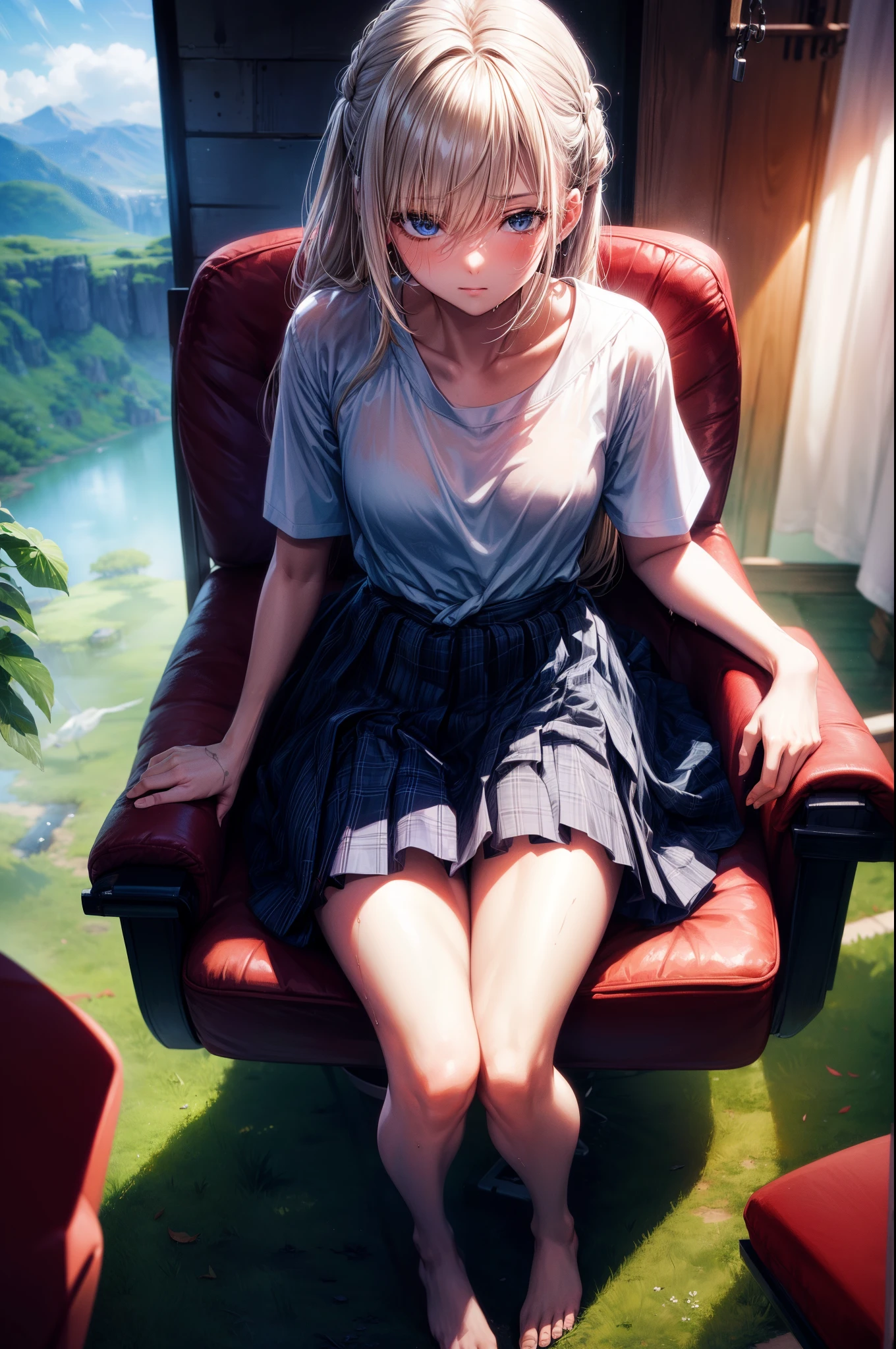 Artie Future Animation. bird's eyes view, Dirty woman sitting on chair in dilapidated house, Wet hair covering eyes, Detailed slim fit shirt and pleated skirt. vixip, closeup landscape, hurt. Freehand drawing, 电影灯光, The is very detailed. The white, Brown, Red. perfect compositions, tmasterpiece, Best quality at best, 4K, Focus sharp. perfect anatomia.