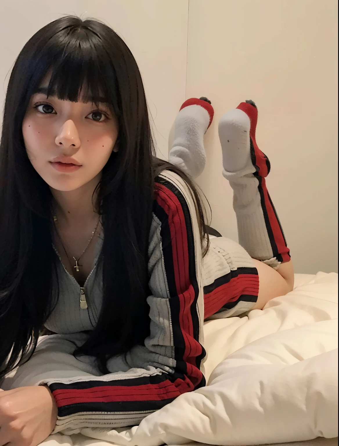 mulher arafed deitada em uma cama com um controle remoto, Ela tem cabelo preto com franja, sentado na cama, Ulzzang, sentada em sua cama, sentado em uma cama, Sui Ishida com cabelo preto, 🤤 retrato da , sentado na beira da cama, com franja completa, cabelo preto e franja branca, cabelo comprido com franja completa