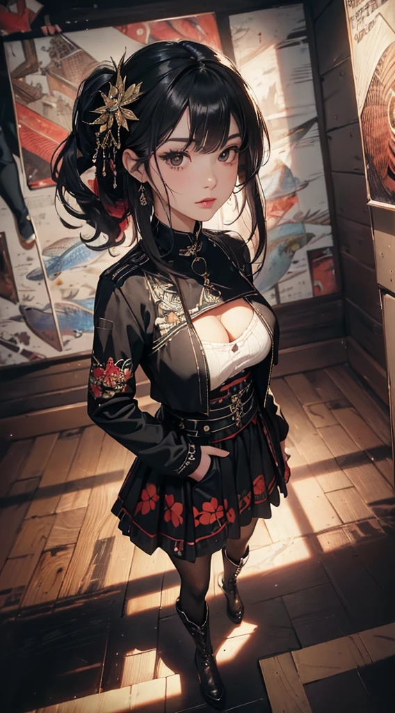 (((8k wallpaper of extremely detailed CG unit:1.2, ​masterpiece, hight resolution:1.2, top-quality:1.2, masutepiece))), ((a very beautiful woman, Hands in pockets:1.8, Grunge Fashion:1.2, wear a blouson:1.2, wearing skirt, wearing tights and boots)), ((extra detailed face, Highly detailed black eyes, extra detailed body, Top quality real texture skins)), (A dark-haired, length hair, de pele branca, Small:1.2, Exposed cleavage), ((Colorful geometric patterns are painted all over the wall.., Colorful wall)), (high-angle:1.2, a closeup, Fisheye:1.4), hyper realisitic, digitial painting,
